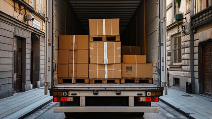 Logistic warehouse cardboard boxes in open truck , parcels loaded into container
