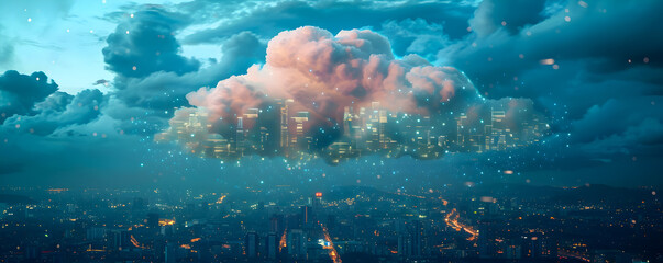 An ethereal cityscape emerging from clouds above a sprawling nighttime urban environment.