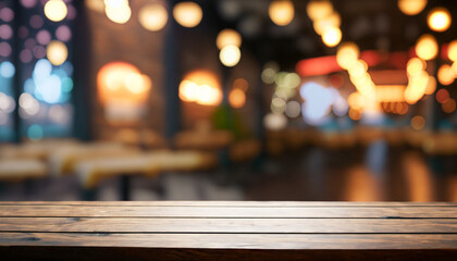 Empty dark wooden table in front of restaurant abstract blurred bokeh background. Can be used to display or mount your products. Mockup for empty space