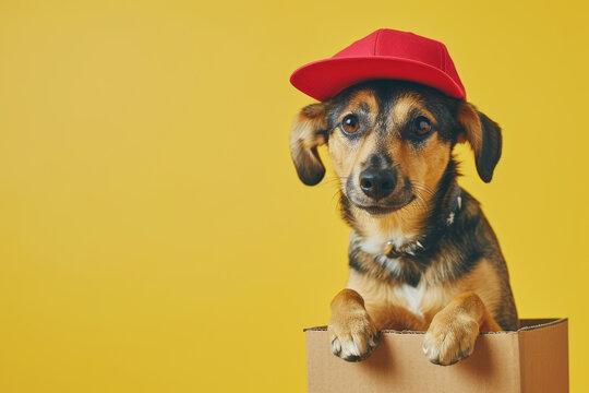 Dachshund in a red cap in cardboard box package on yellow background with copy space. Funny dog postman or courier. Pet products online shopping concept