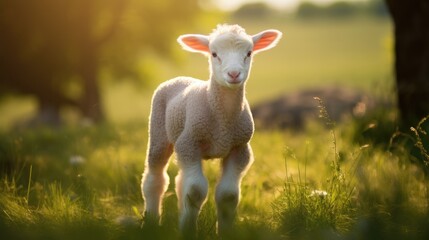 Fototapeta premium A little lamb is standing in a field. Agricultural industry.