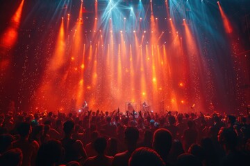 Rock band performing live at a concert under bright lights