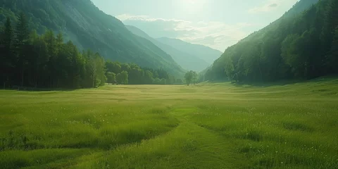 Foto op Canvas Serene nature landscape with green meadows and rolling mountains perfect background scene capturing tranquil beauty of rural environments ideal for travel agriculture and tourism featuring sunny © Bussakon