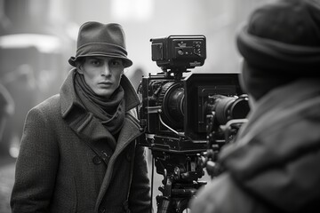 Actor in coat and hat on film set in monochrome