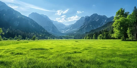 Raamstickers Serene nature landscape with green meadows and rolling mountains perfect background scene capturing tranquil beauty of rural environments ideal for travel agriculture and tourism featuring sunny © Bussakon