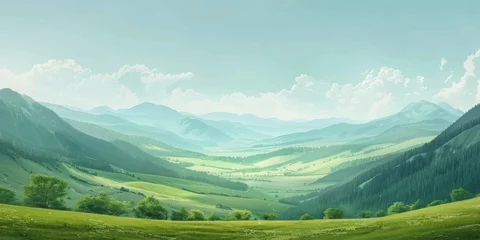 Deurstickers Serene nature landscape with green meadows and rolling mountains perfect background scene capturing tranquil beauty of rural environments ideal for travel agriculture and tourism featuring sunny © Bussakon