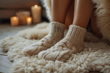 Fotobehang 冷え性の女性が部屋で靴下をはいて,冷え性対策の温活をしている © dadakko