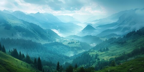 Serene nature landscape with green meadows and rolling mountains perfect background scene capturing...