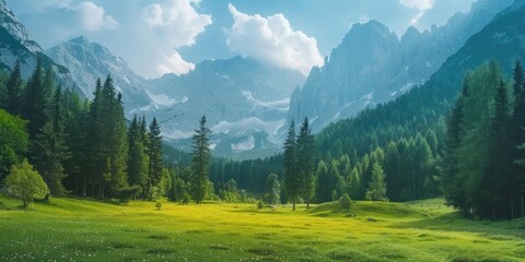 Serene nature landscape with green meadows and rolling mountains perfect background scene capturing tranquil beauty of rural environments ideal for travel agriculture and tourism featuring sunny - obrazy, fototapety, plakaty