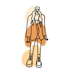 Modern, trendy and stylish fashion girl. Vector illustration in hand drawn outline doodle simple contour style isolated on white background. For presentation, poster, cover art.