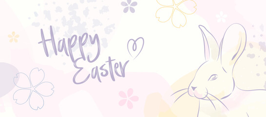Happy Easter Banner. Spring Easter Card Template Design with Cute Rabbit and Floral Springtime Background. Flowers and Bunny Silhouette Decorations.