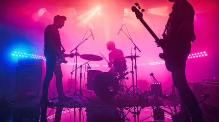 Thrilling Live Band Performance: Silhouetted Musicians on Stage, Bathed in Vibrant Pink, Blue, and Purple Light — Energetic Atmosphere of Concert Event Displaying Intense Colorful Lighting Effects