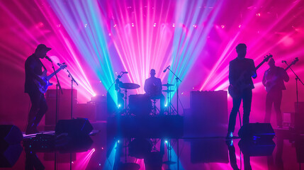Thrilling Live Band Performance: Silhouetted Musicians on Stage, Bathed in Vibrant Pink, Blue, and Purple Light — Energetic Atmosphere of Concert Event Displaying Intense Colorful Lighting Effects