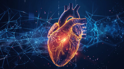 3D Human Heart Representation with Glowing Lines, Digital Graphs, Medical Research Context, Advanced Tech Health Monitoring & Futuristic Healthcare Innovations