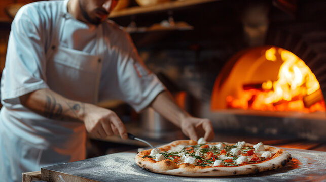Professional Italian pizzaiolo while removing a pizza from the oven