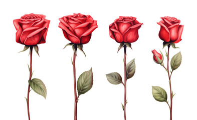 Red Rose Set Watercolor Style Isolated on Transparent Background
