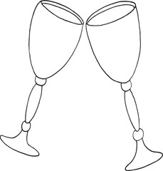 Cocktail glasses champagne wine drawing in flat line style lineart vector