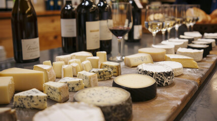 Variety of gourmet cheeses paired with wine bottles and glasses on a wooden board.