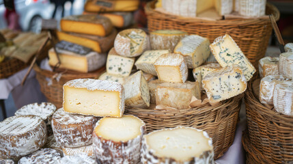 A diverse selection of gourmet cheeses displayed on a wooden board, perfect for cheese aficionados.
