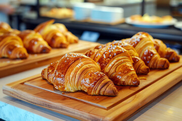 Golden, freshly baked croissants displayed on a wooden cutting board in a bakery setting.