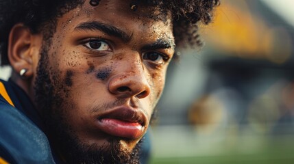 close-up of a young football player looking into the camera