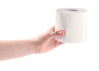 Woman holding toilet paper roll on white background, closeup