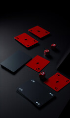 Red and black playing cards and dices on black background