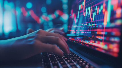 high resolution stock photo ,Close-up of hands typing on a laptop with stock market graphs on the screen with office background 
