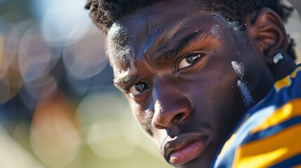 close-up of a young football player looking into the camera