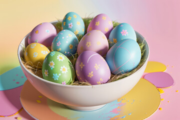 Fototapeta na wymiar Easter Eggs in a bowl Colorful Pastel Eggs. AI-generated art.