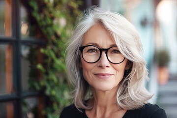 Smiling Senior Woman Wearing Glasses and Scarf Outdoors in Daylight