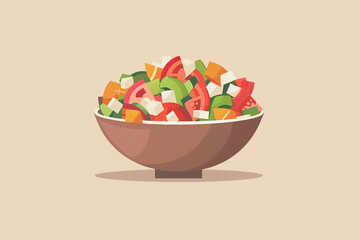 Vegetable salad in a bowl, beige background, copy space, flat design, banner mockup