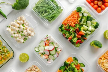 Poster chopped fresh vegetables and ingredients for a healthy diet in plastic containers on a white background © Е К