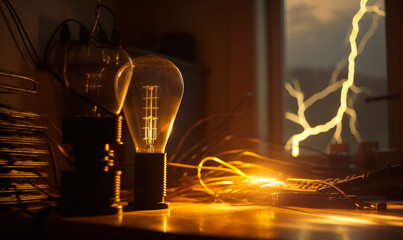 Electric light bulb and other equipment on table in dark room - obrazy, fototapety, plakaty