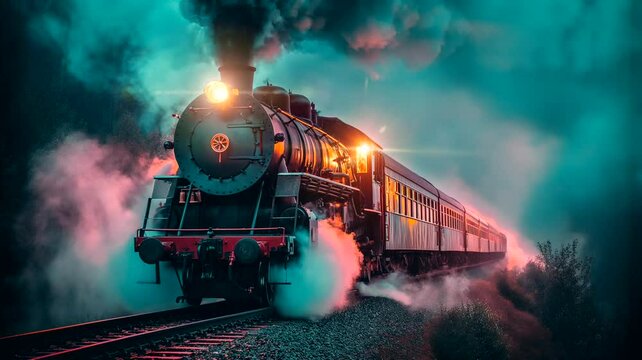 Steam train in the forest. Seamless looping time-lapse 4k video animation background