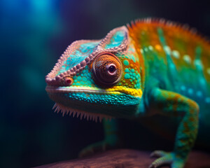 Colorful panther chameleon is sitting on branch.