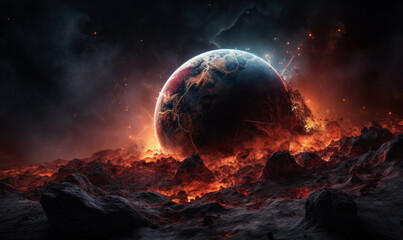 Apocalyptic background with planet Earth exploding armageddon illustration end of time. Elements of this image furnished by NASA - obrazy, fototapety, plakaty