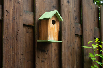 Green Birdhouse on Wooden Fence