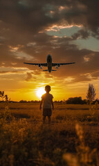 Boy is watching airplane flying in the sunset