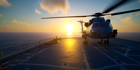 Military helicopter Blackhawk takes off from aircraft carrier in the middle of the ocean at sunrise