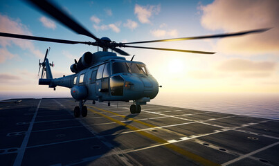 Military helicopter landing on aircraft carrier in the endless blue ocean at sunset. - obrazy, fototapety, plakaty
