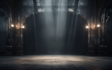 3d dark grunge display background with smoky atmosphere, Spotlights shining down into a grunge interior