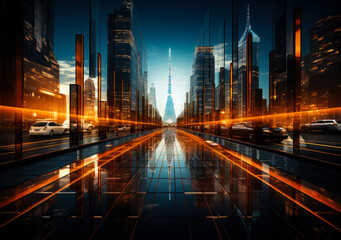 Abstract urban cityscape with glowing orange light trails and modern skyscrapers at night empty street reflections on the pavement urban fantasy landscape