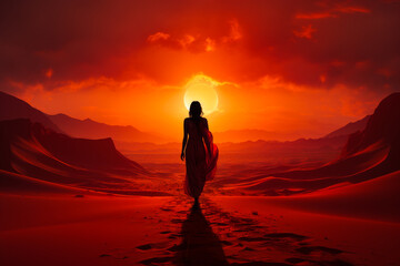 Fototapeta na wymiar Woman walks into the sunset across barren desert landscape.