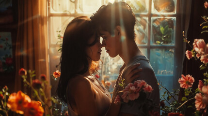 Intimate Romance Captured: Young Couple Almost Kissing, Mood Lighting, Affection, Soft Embrace, Warm Tenderness, Floral Foreground, Natural Window Light