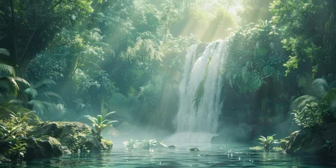 Fotobehang Enchanting waterfall in lush natural forest serene landscape where water cascades over rocks amidst green foliage creating tranquil travel destination perfect for outdoor photography and environmental © Bussakon