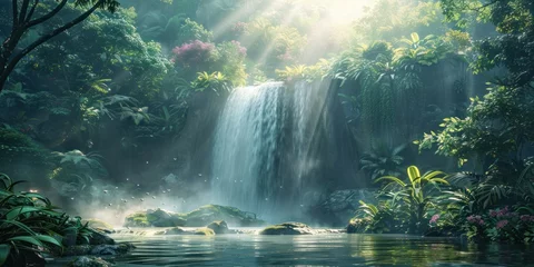 Enchanting waterfall in lush natural forest serene landscape where water cascades over rocks amidst green foliage creating tranquil travel destination perfect for outdoor photography and environmental © Bussakon