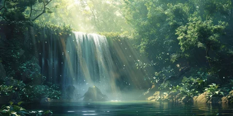Keuken spatwand met foto Enchanting waterfall in lush natural forest serene landscape where water cascades over rocks amidst green foliage creating tranquil travel destination perfect for outdoor photography and environmental © Bussakon