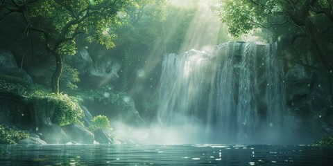 Enchanting waterfall in lush natural forest serene landscape where water cascades over rocks amidst green foliage creating tranquil travel destination perfect for outdoor photography and environmental