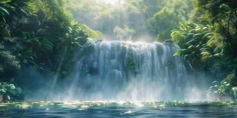 Fotobehang Enchanting waterfall in lush natural forest serene landscape where water cascades over rocks amidst green foliage creating tranquil travel destination perfect for outdoor photography and environmental © Bussakon